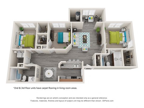 a stylized 3d floor plan with a bedroom and living room